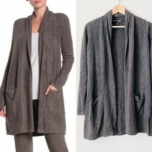 Gray Long Open Front Cardigan with Textured Knit